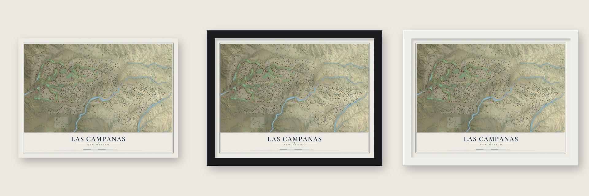 Las Campanas, New Mexico map unframed, in a black wood frame and in a white wood frame