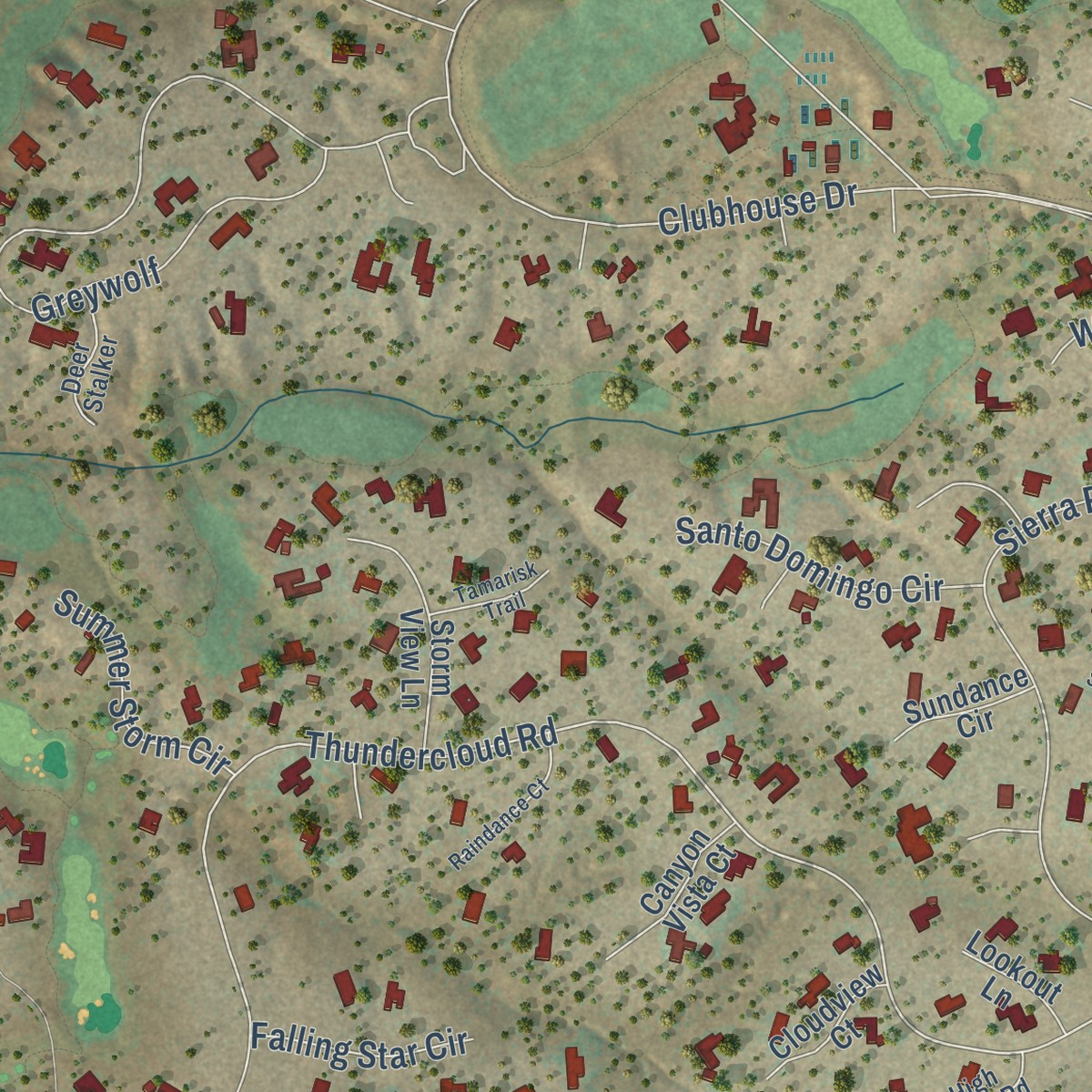 Second close-up of the map of Las Campanas, New Mexico print showing more streets and buildings