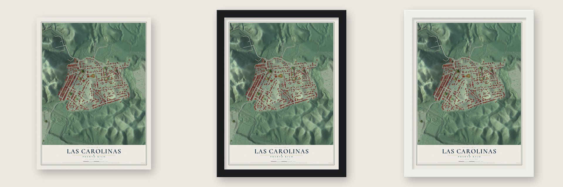 Las Carolinas, Puerto Rico map unframed, in a black wood frame and in a white wood frame