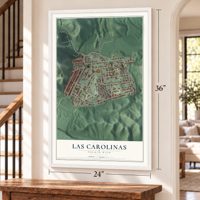 Las Carolinas, Puerto Rico map, 24 x 36 inch print in a white frame by a staircase