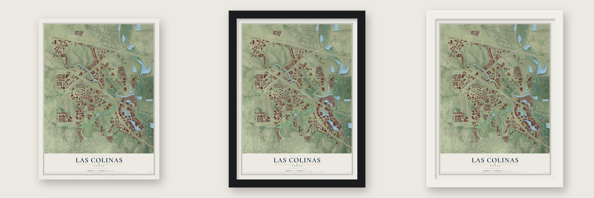 Las Colinas, Texas map unframed, in a black wood frame and in a white wood frame
