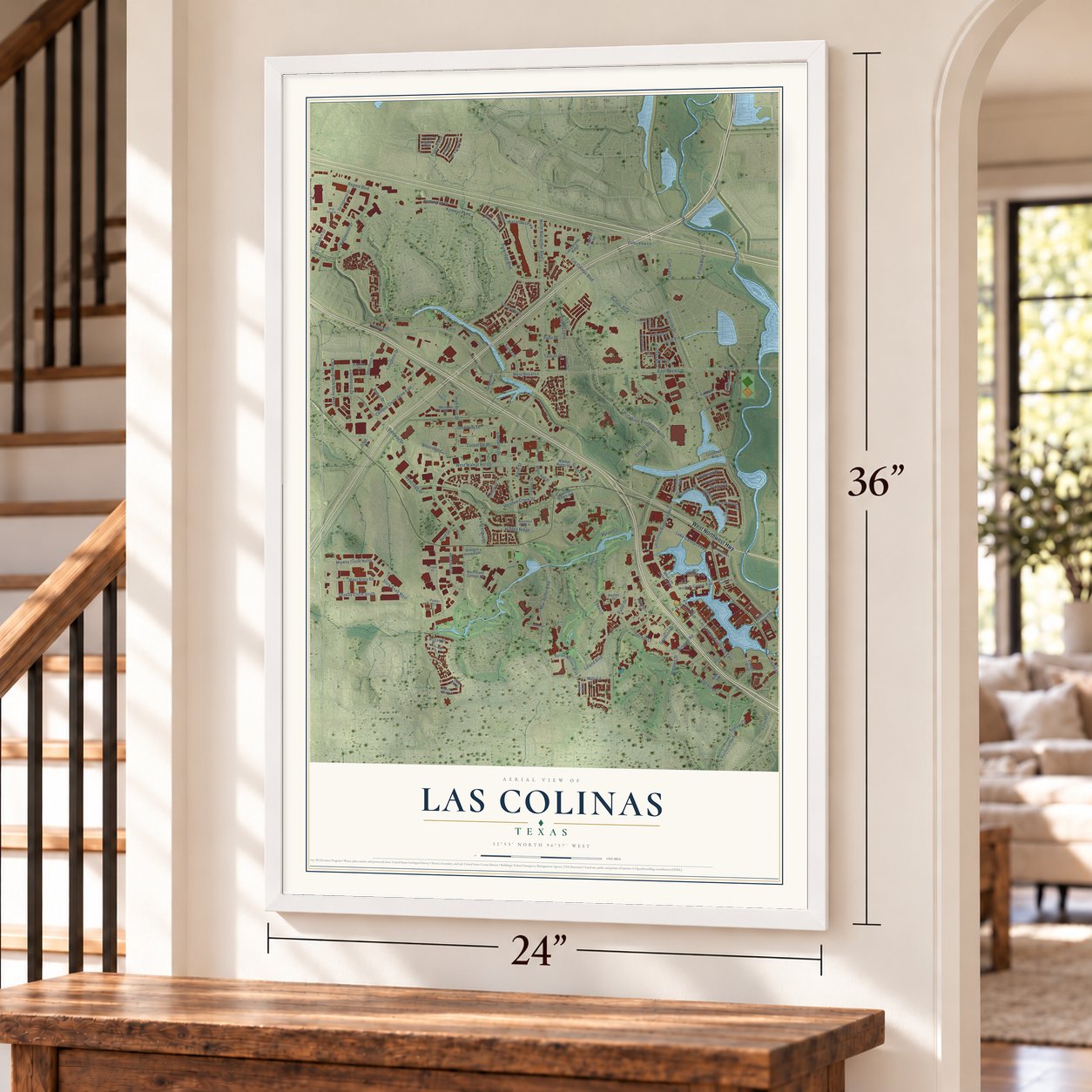Las Colinas, Texas map, 24 x 36 inch print in a white frame by a staircase