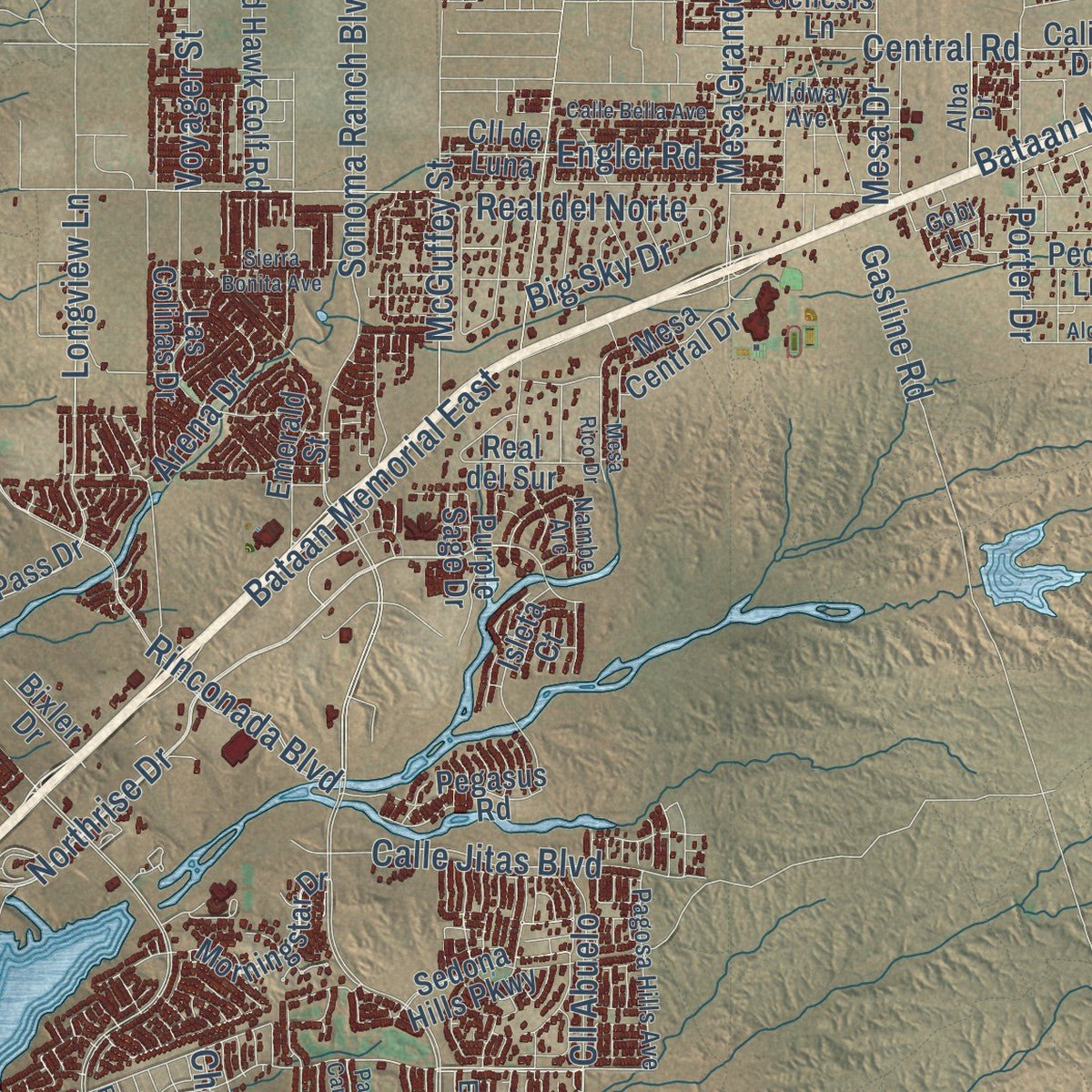 Second close-up of the map of Las Cruces, New Mexico print showing more streets and buildings