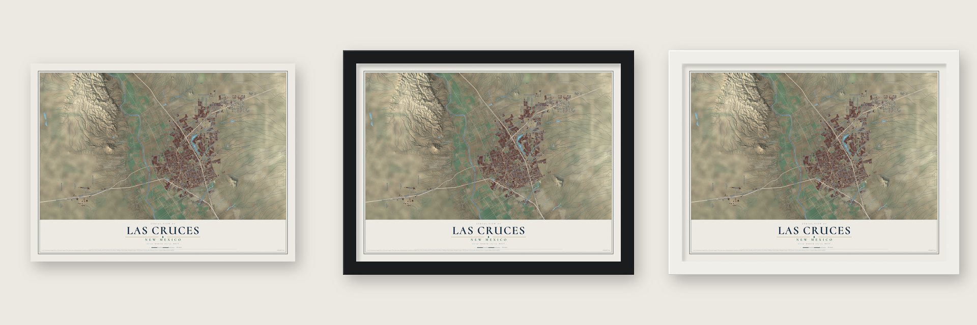 Las Cruces, New Mexico map unframed, in a black wood frame and in a white wood frame