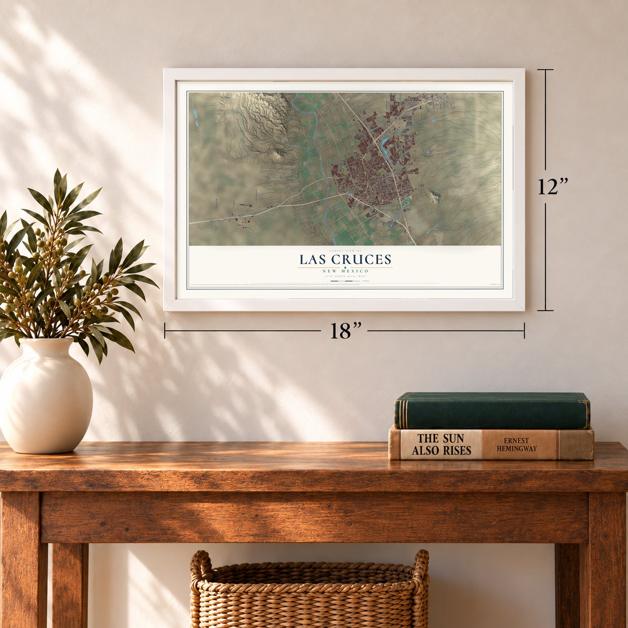 Las Cruces, New Mexico map, 12 x 18 inch print in a white frame in an entryway