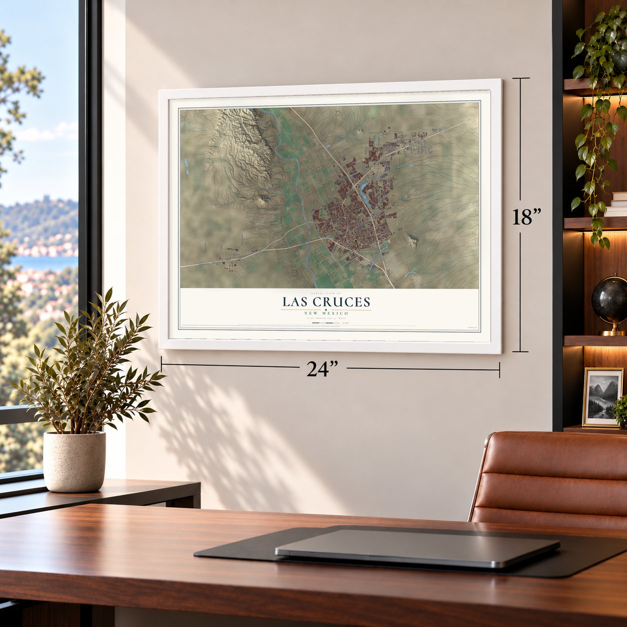 Las Cruces, New Mexico map, 18 x 24 inch print in a white frame in a home office
