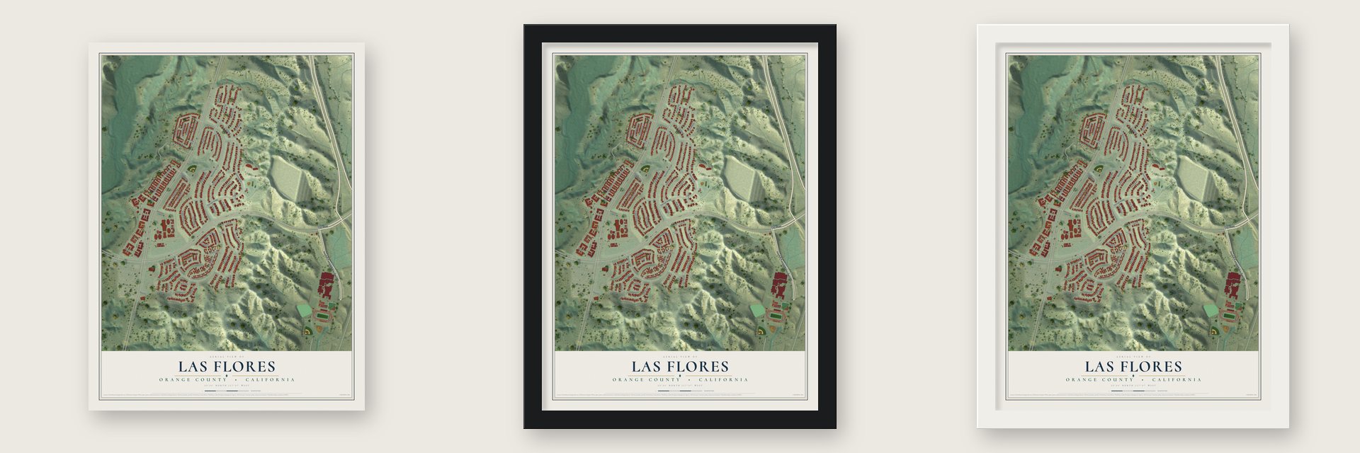Las Flores, California map unframed, in a black wood frame and in a white wood frame