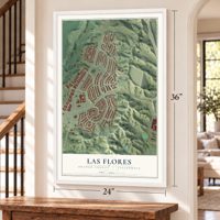 Las Flores, California map, 24 x 36 inch print in a white frame by a staircase