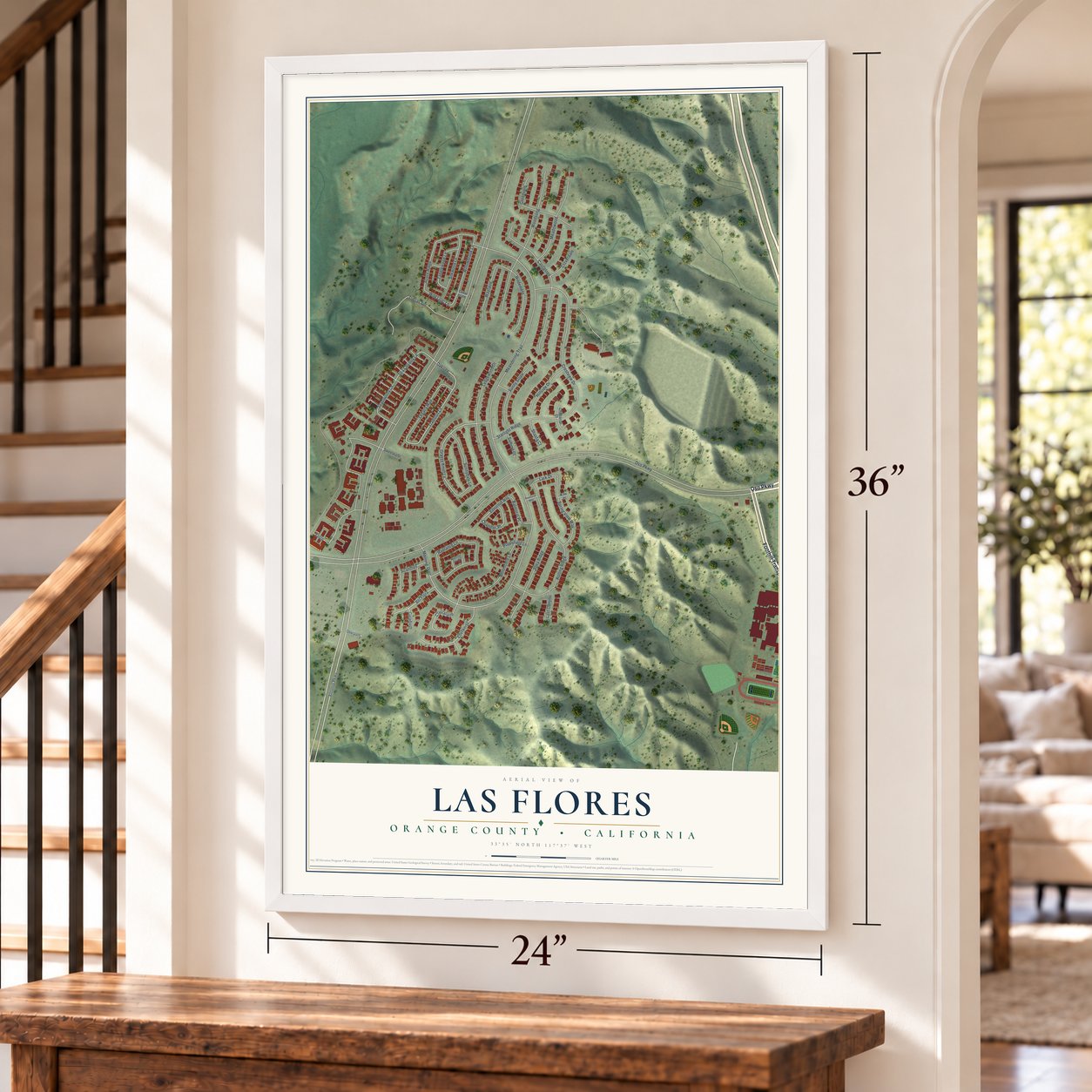 Las Flores, California map, 24 x 36 inch print in a white frame by a staircase
