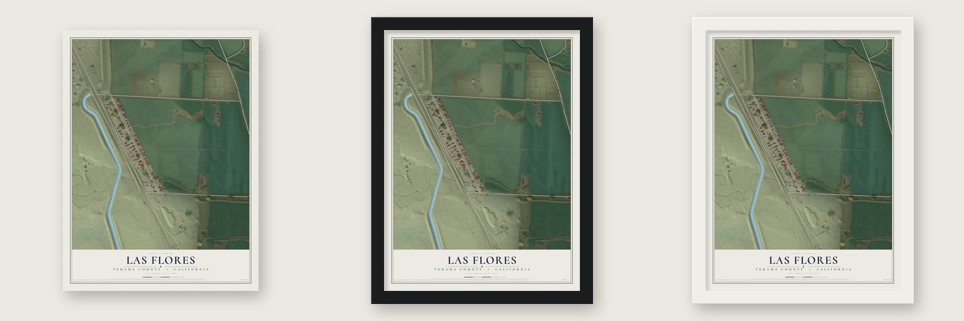 Las Flores, Tehama County, California map unframed, in a black wood frame and in a white wood frame