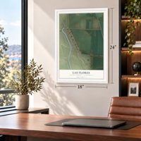 Las Flores, Tehama County, California map, 18 x 24 inch print in a white frame in a home office