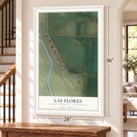 Las Flores, Tehama County, California map, 24 x 36 inch print in a white frame by a staircase