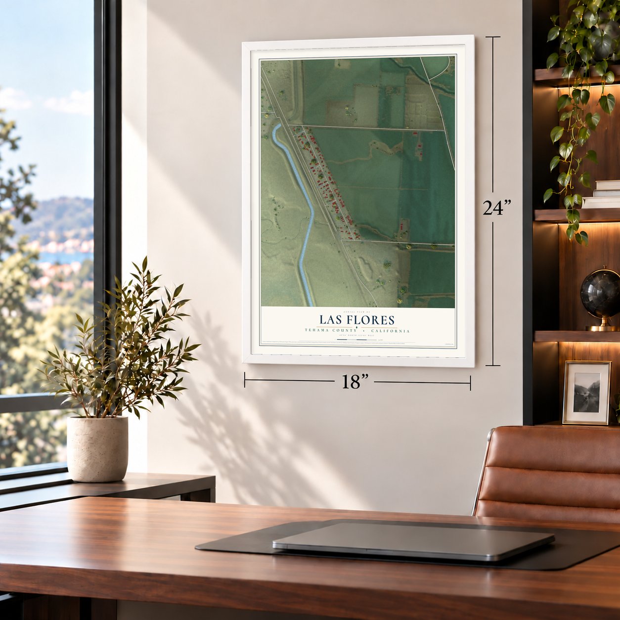 Las Flores, Tehama County, California map, 18 x 24 inch print in a white frame in a home office