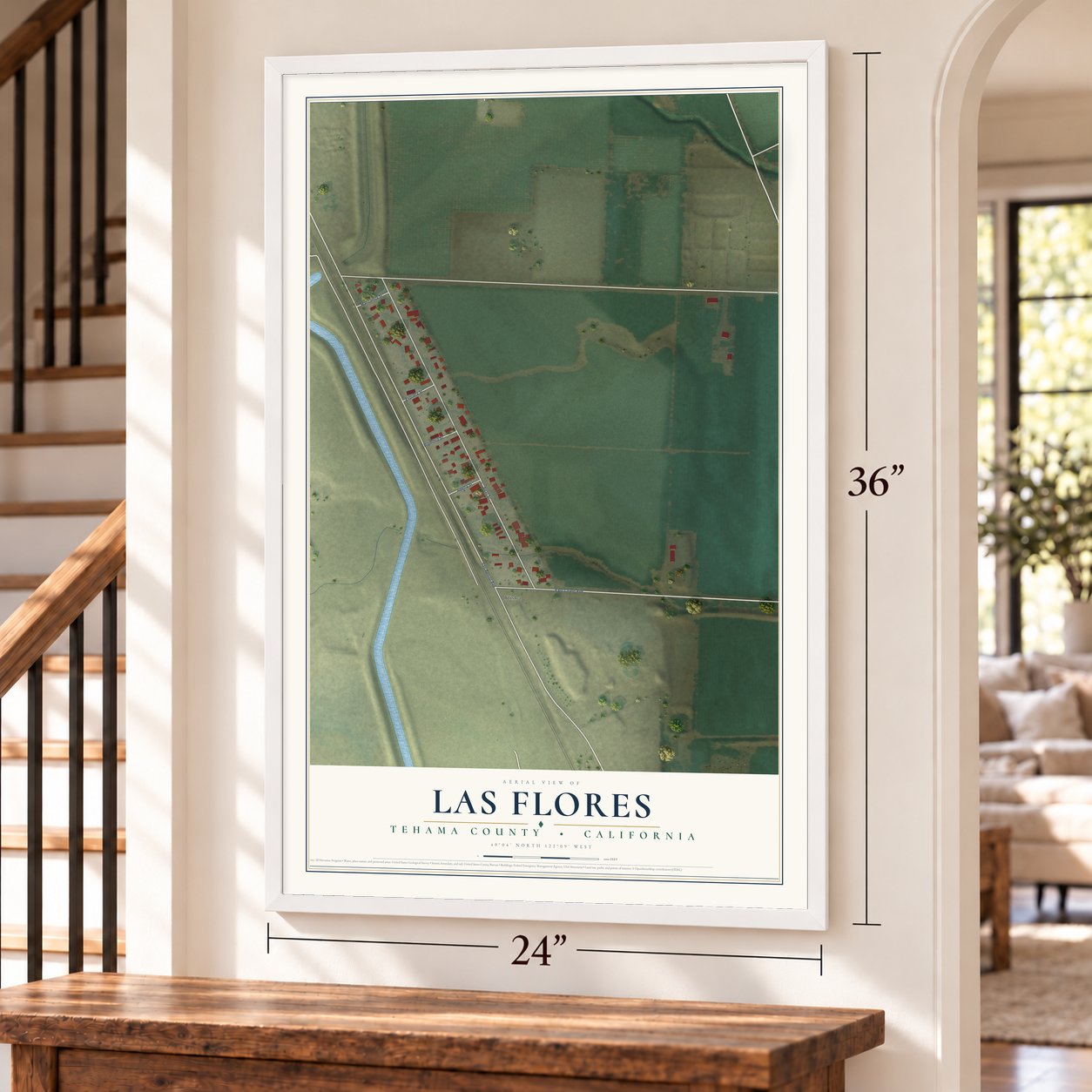 Las Flores, Tehama County, California map, 24 x 36 inch print in a white frame by a staircase