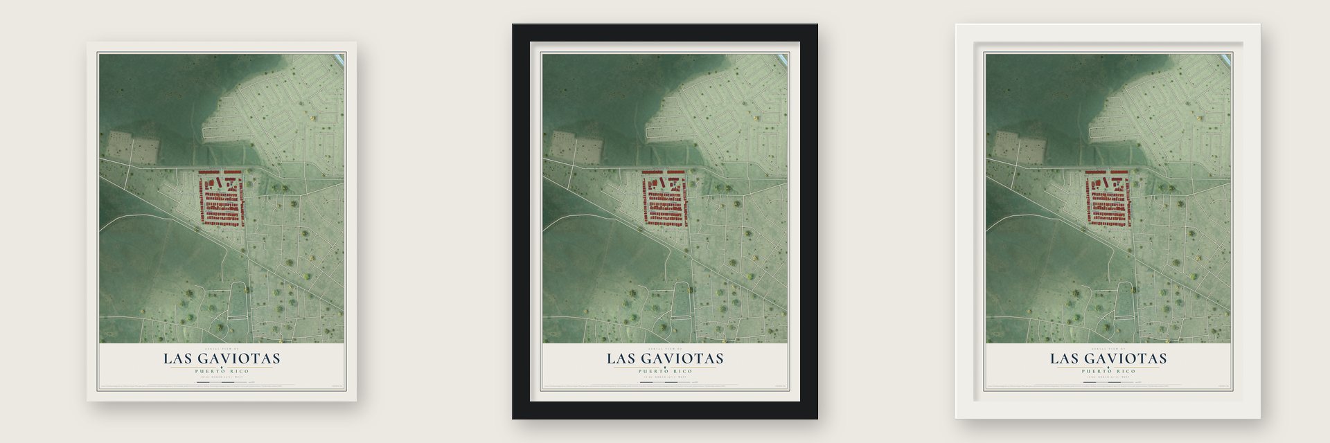 Las Gaviotas, Puerto Rico map unframed, in a black wood frame and in a white wood frame