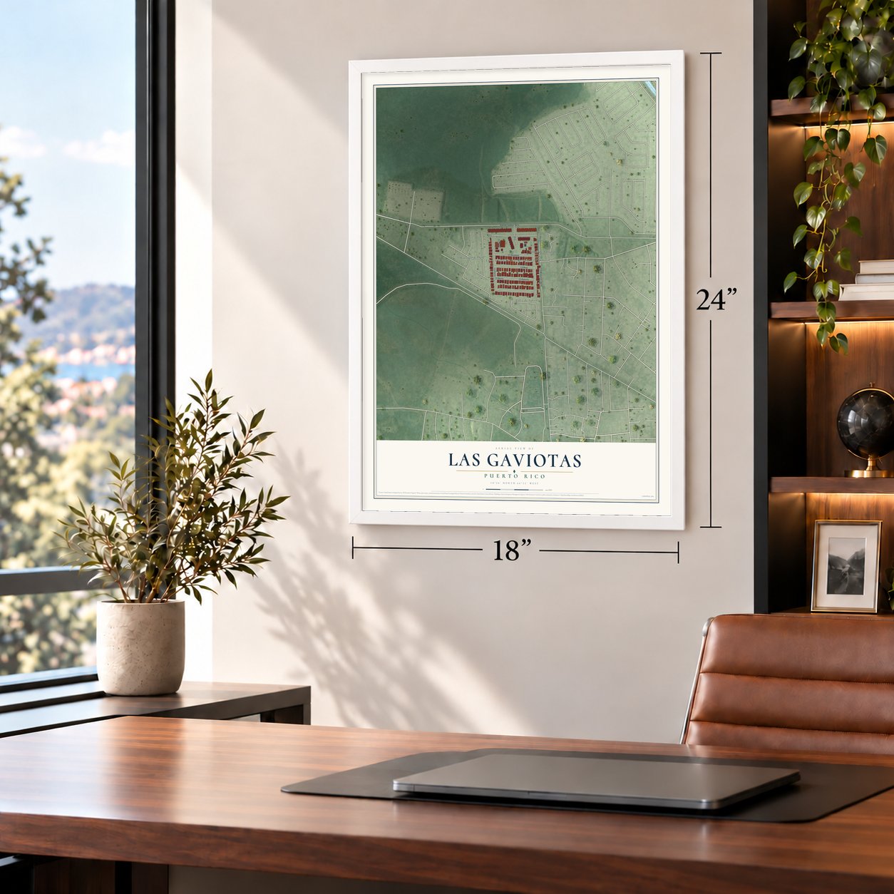 Las Gaviotas, Puerto Rico map, 18 x 24 inch print in a white frame in a home office