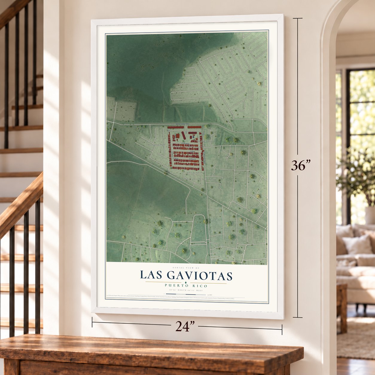 Las Gaviotas, Puerto Rico map, 24 x 36 inch print in a white frame by a staircase