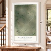 Las Haciendas, Texas map, 24 x 36 inch print in a white frame by a staircase
