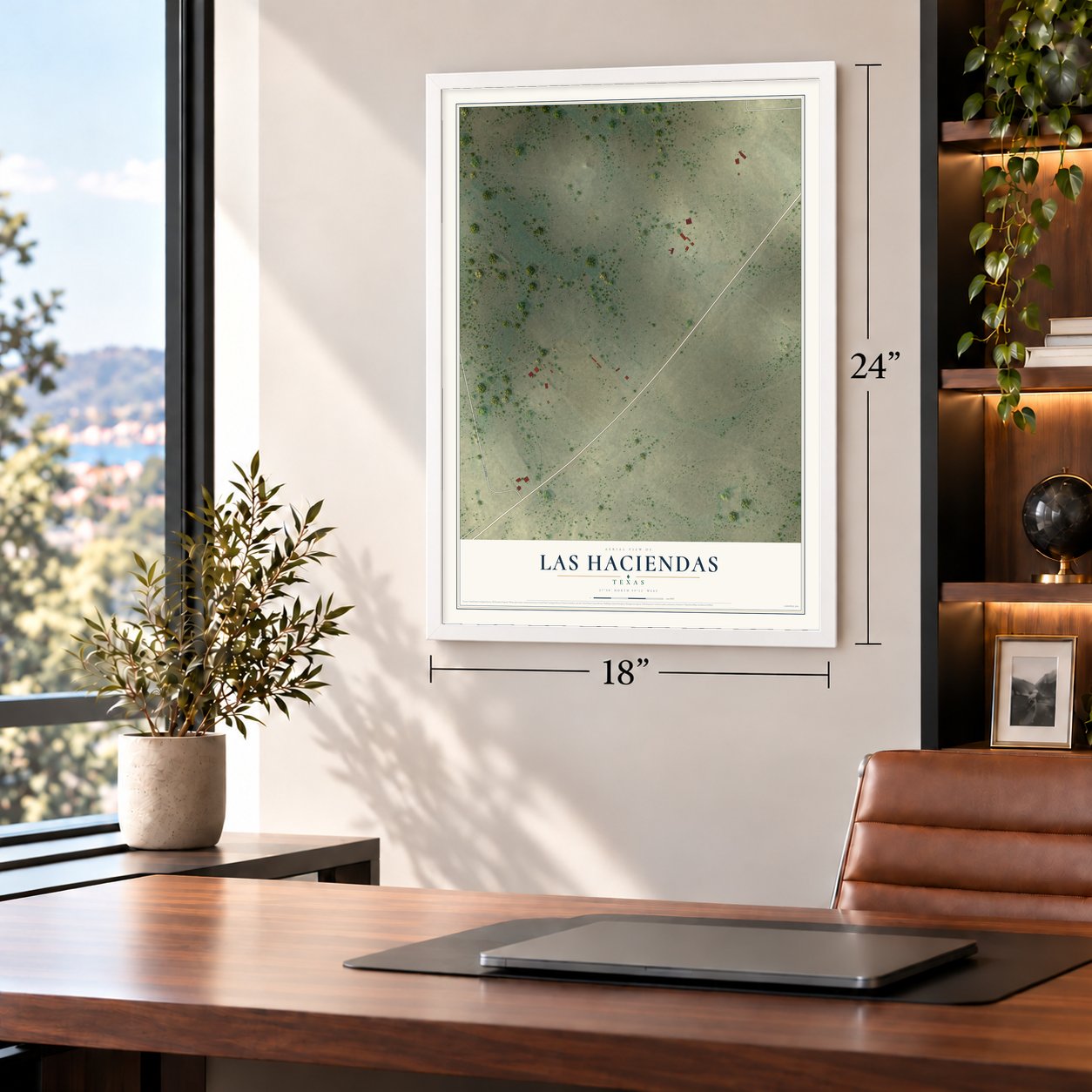 Las Haciendas, Texas map, 18 x 24 inch print in a white frame in a home office