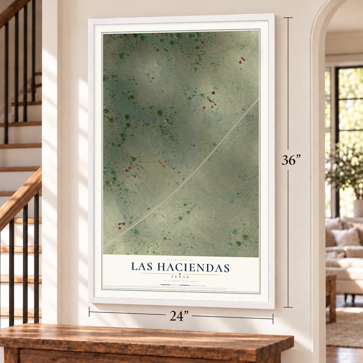 Las Haciendas, Texas map, 24 x 36 inch print in a white frame by a staircase