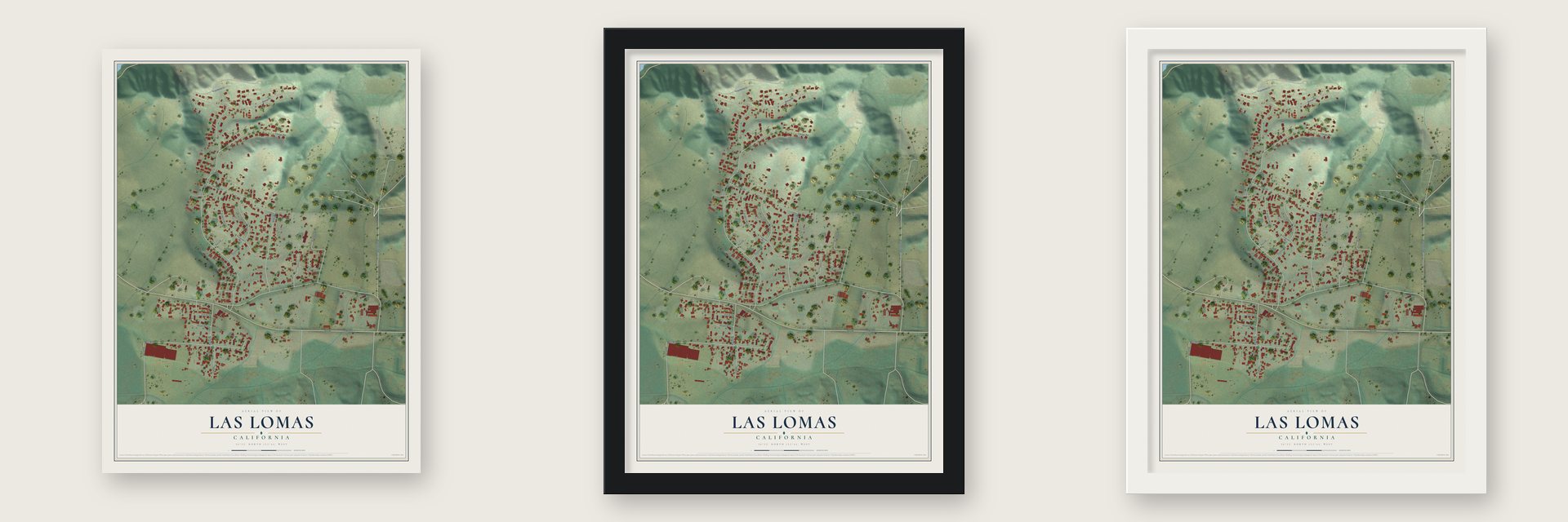 Las Lomas, California map unframed, in a black wood frame and in a white wood frame