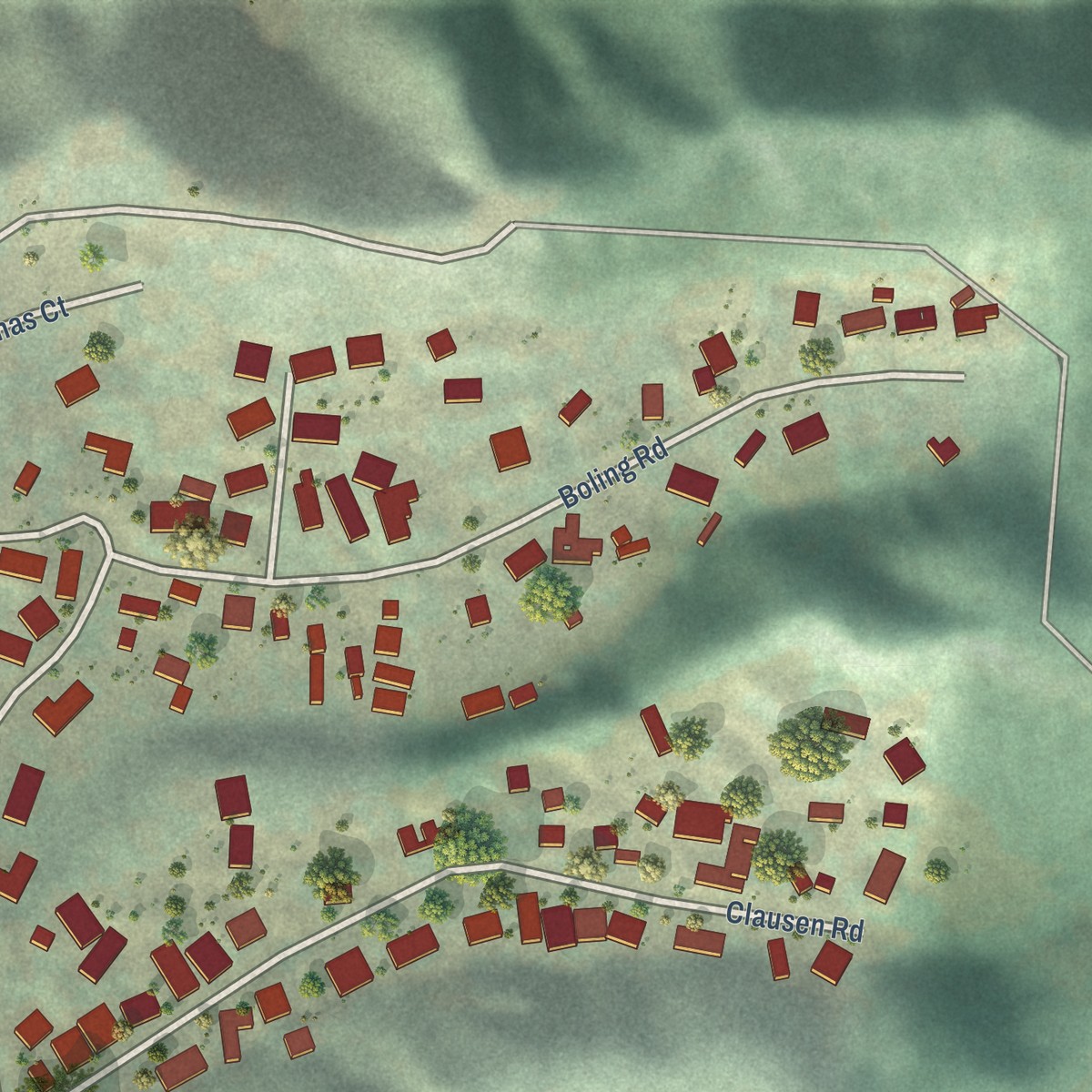 Second close-up of the map of Las Lomas, California print showing more streets and buildings