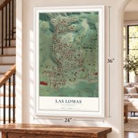 Las Lomas, California map, 24 x 36 inch print in a white frame by a staircase