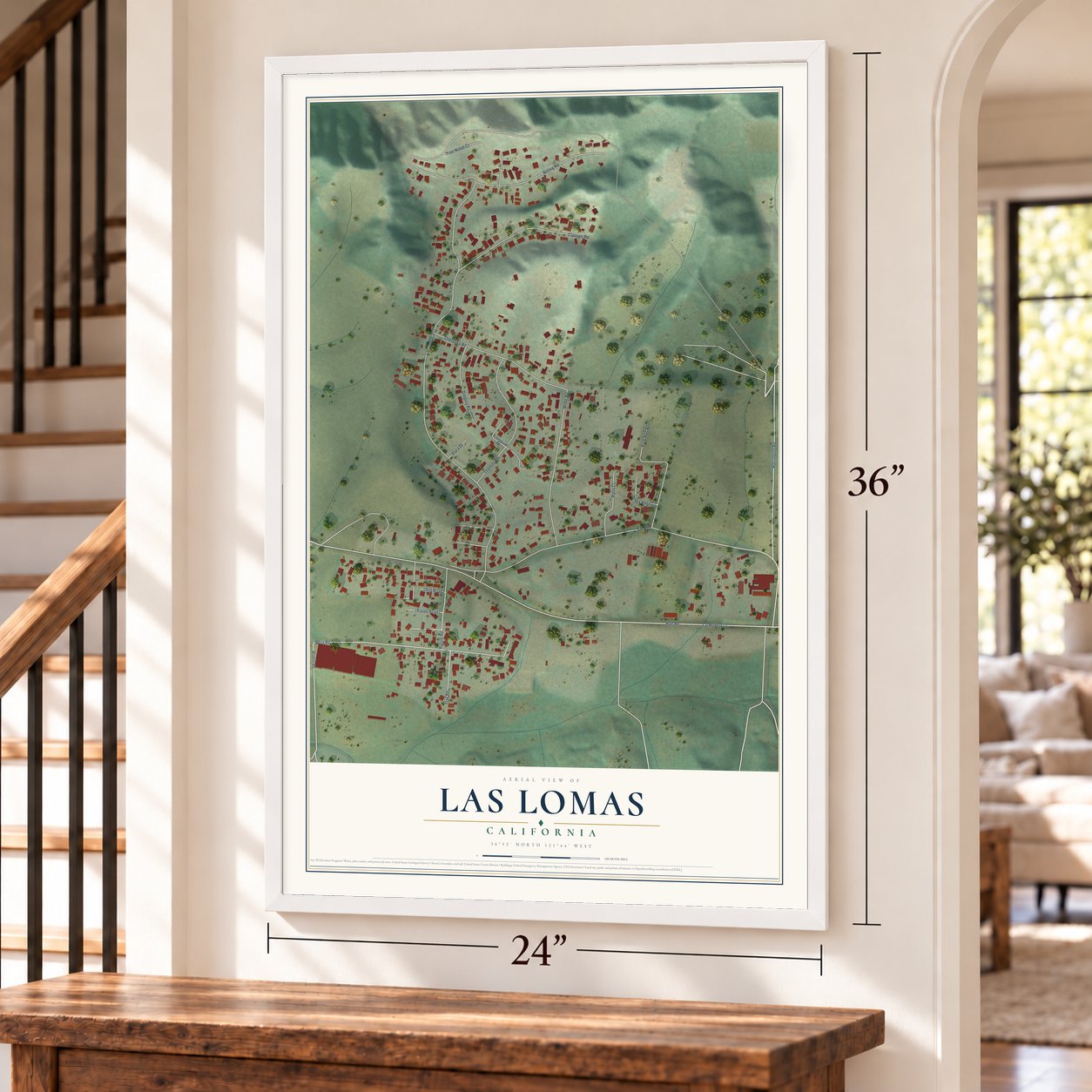 Las Lomas, California map, 24 x 36 inch print in a white frame by a staircase
