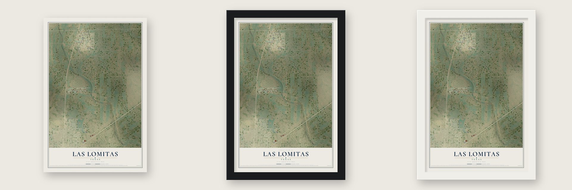 Las Lomitas, Texas map unframed, in a black wood frame and in a white wood frame