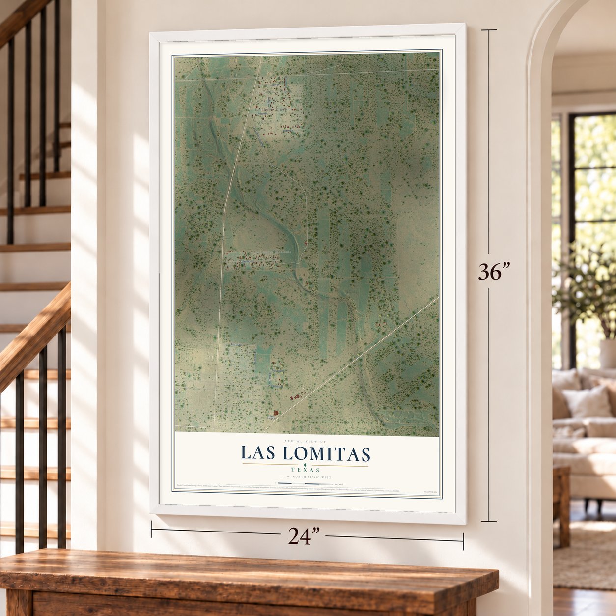 Las Lomitas, Texas map, 24 x 36 inch print in a white frame by a staircase