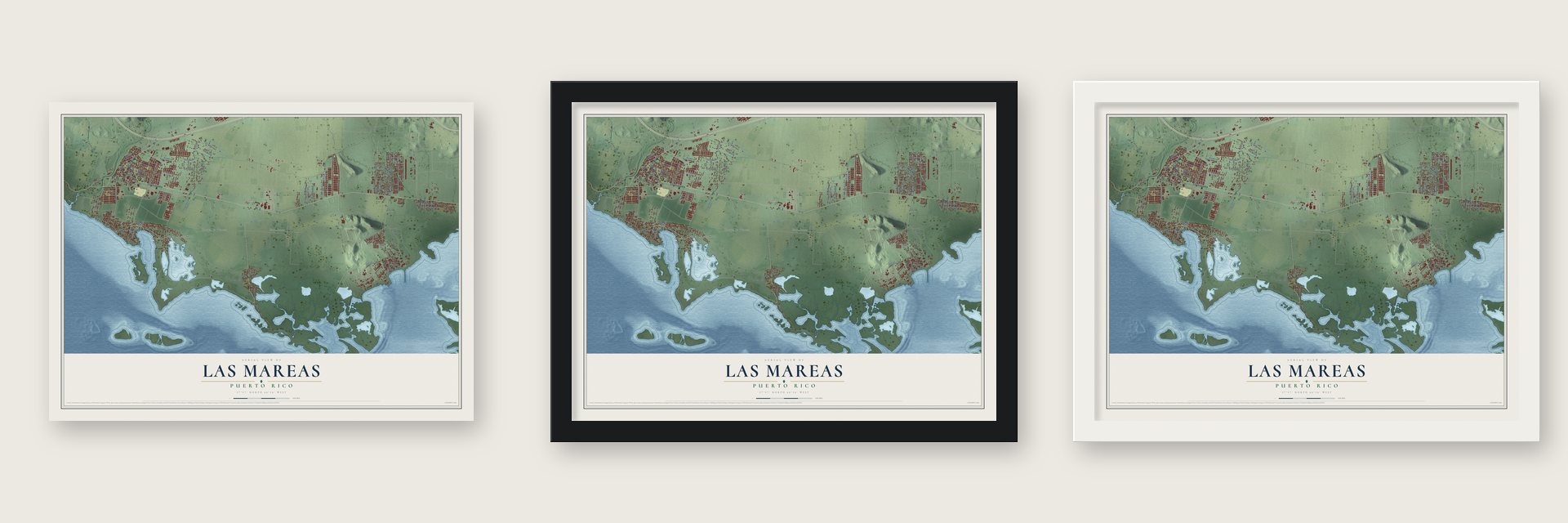 Las Mareas, Puerto Rico map unframed, in a black wood frame and in a white wood frame