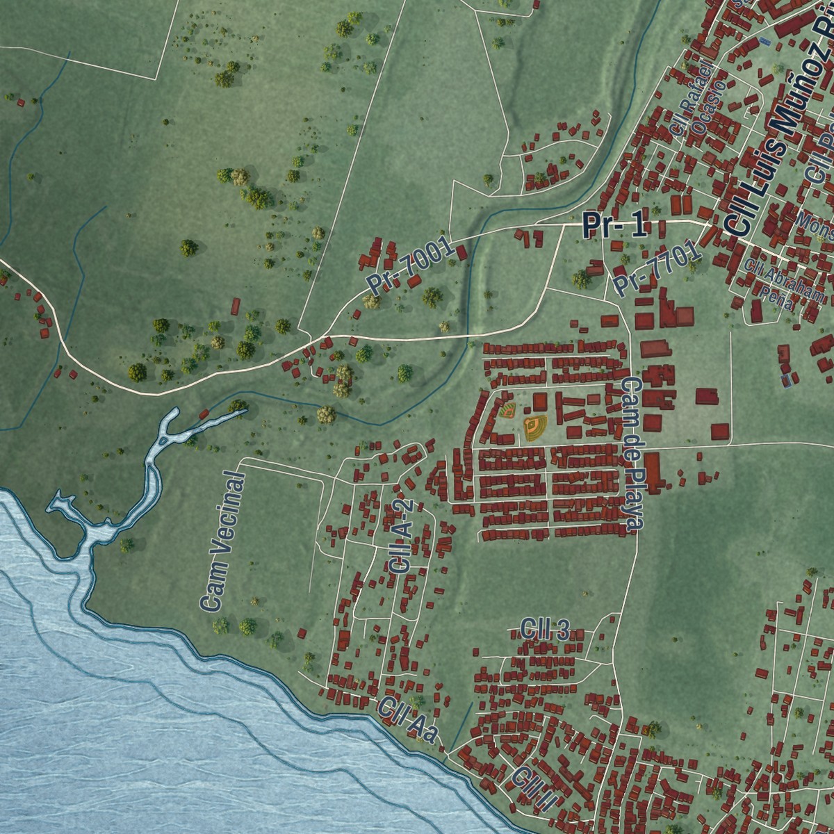 Second close-up of the map of Las Mareas, Puerto Rico print showing more streets and buildings