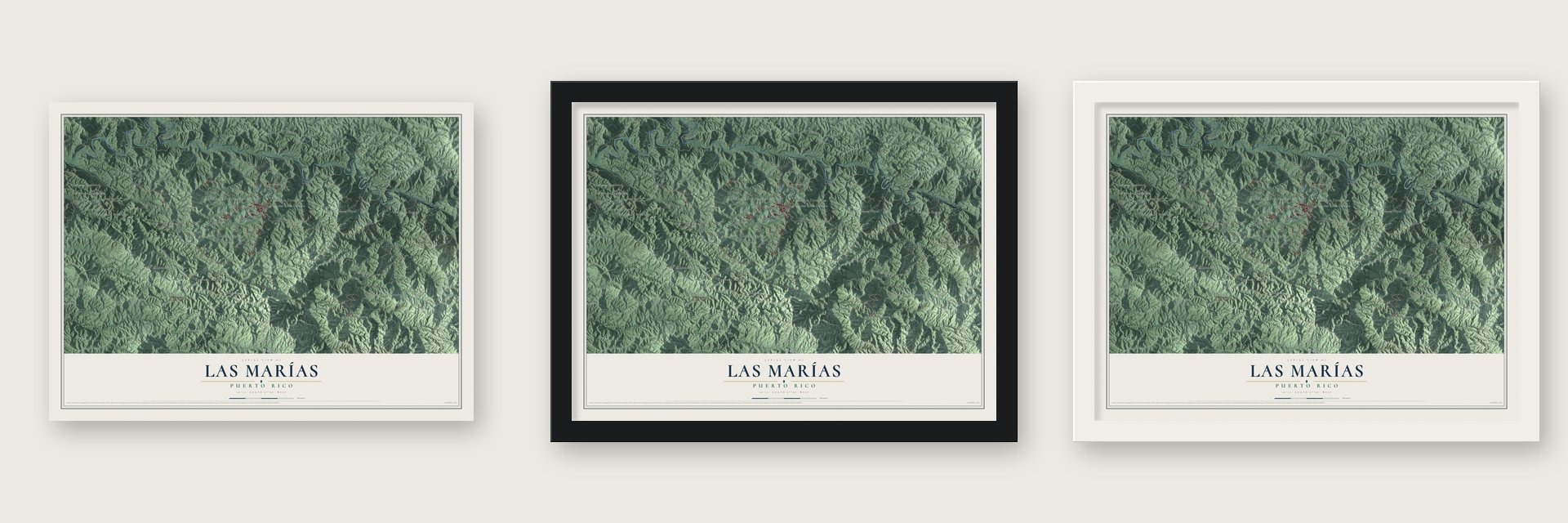 Las Marías, Puerto Rico map unframed, in a black wood frame and in a white wood frame