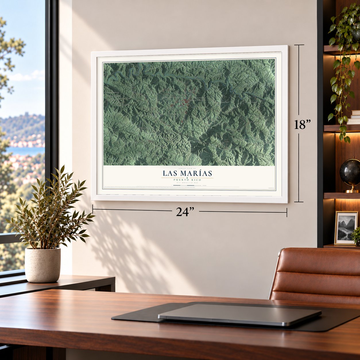 Las Marías, Puerto Rico map, 18 x 24 inch print in a white frame in a home office
