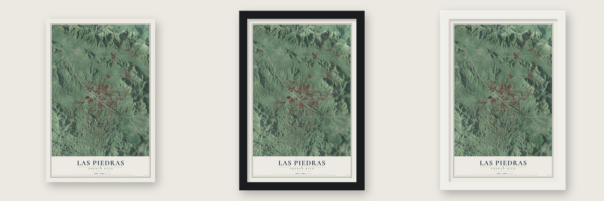 Las Piedras, Puerto Rico map unframed, in a black wood frame and in a white wood frame