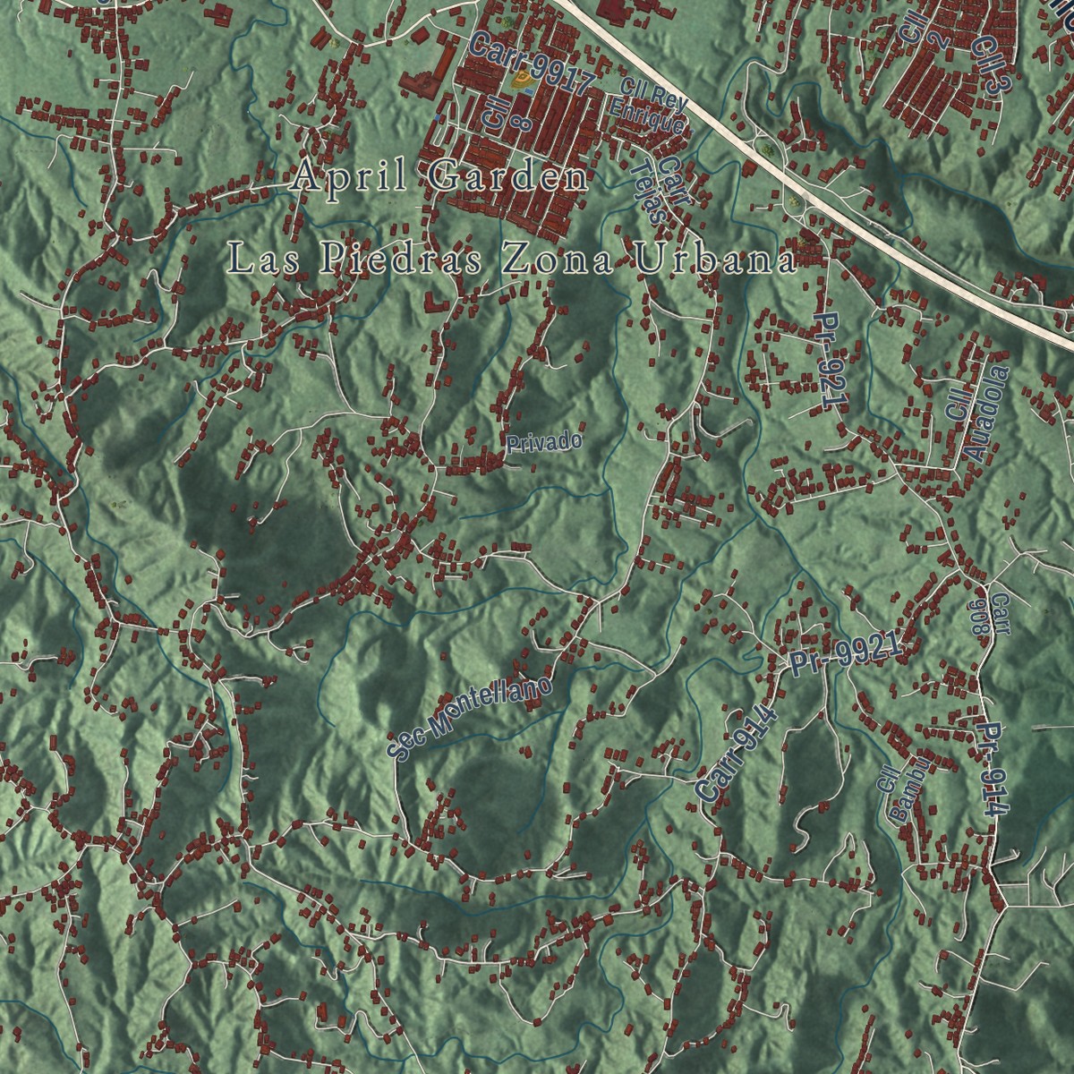 Second close-up of the map of Las Piedras, Puerto Rico print showing more streets and buildings
