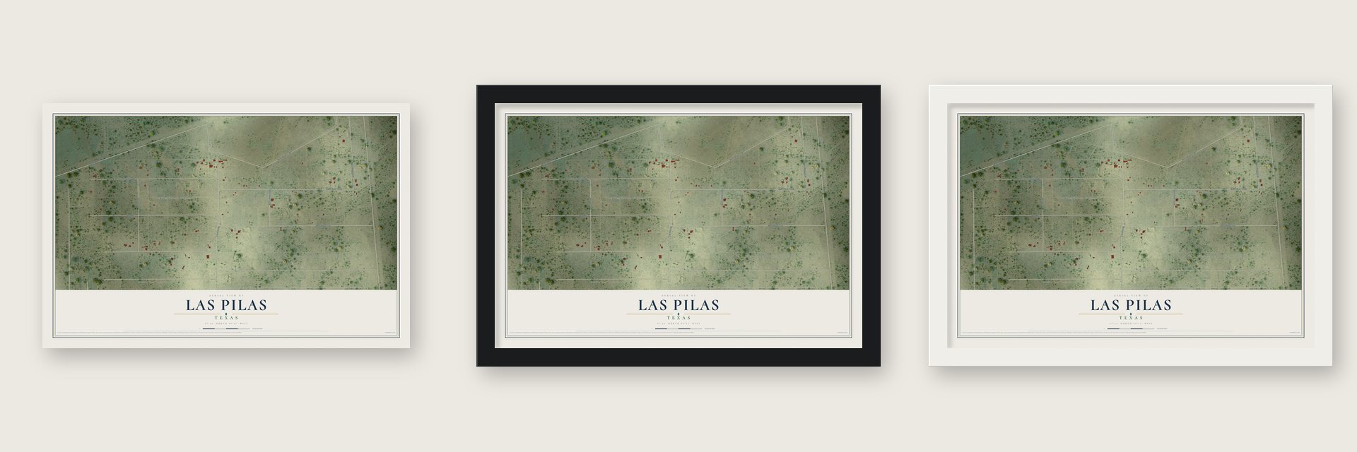 Las Pilas, Texas map unframed, in a black wood frame and in a white wood frame