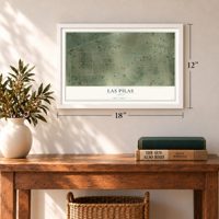 Las Pilas, Texas map, 12 x 18 inch print in a white frame in an entryway
