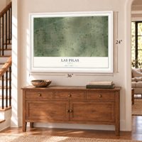 Las Pilas, Texas map, 24 x 36 inch print in a white frame above a dresser by a staircase