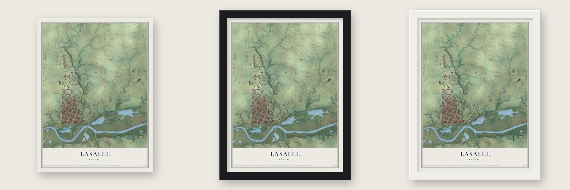 LaSalle, Illinois map unframed, in a black wood frame and in a white wood frame