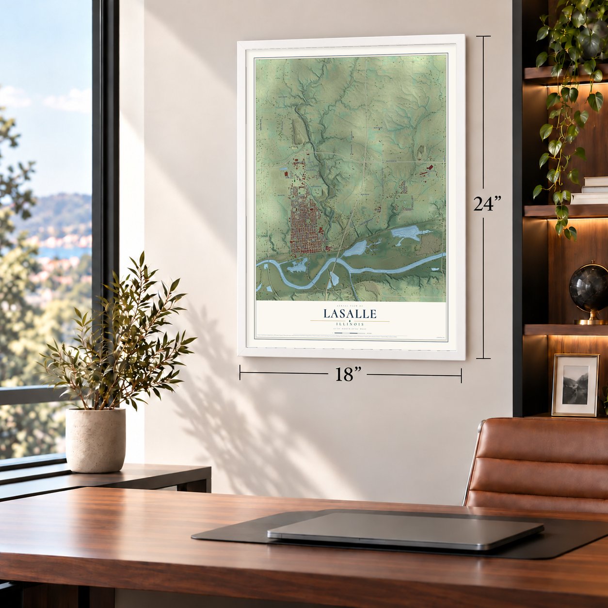 LaSalle, Illinois map, 18 x 24 inch print in a white frame in a home office