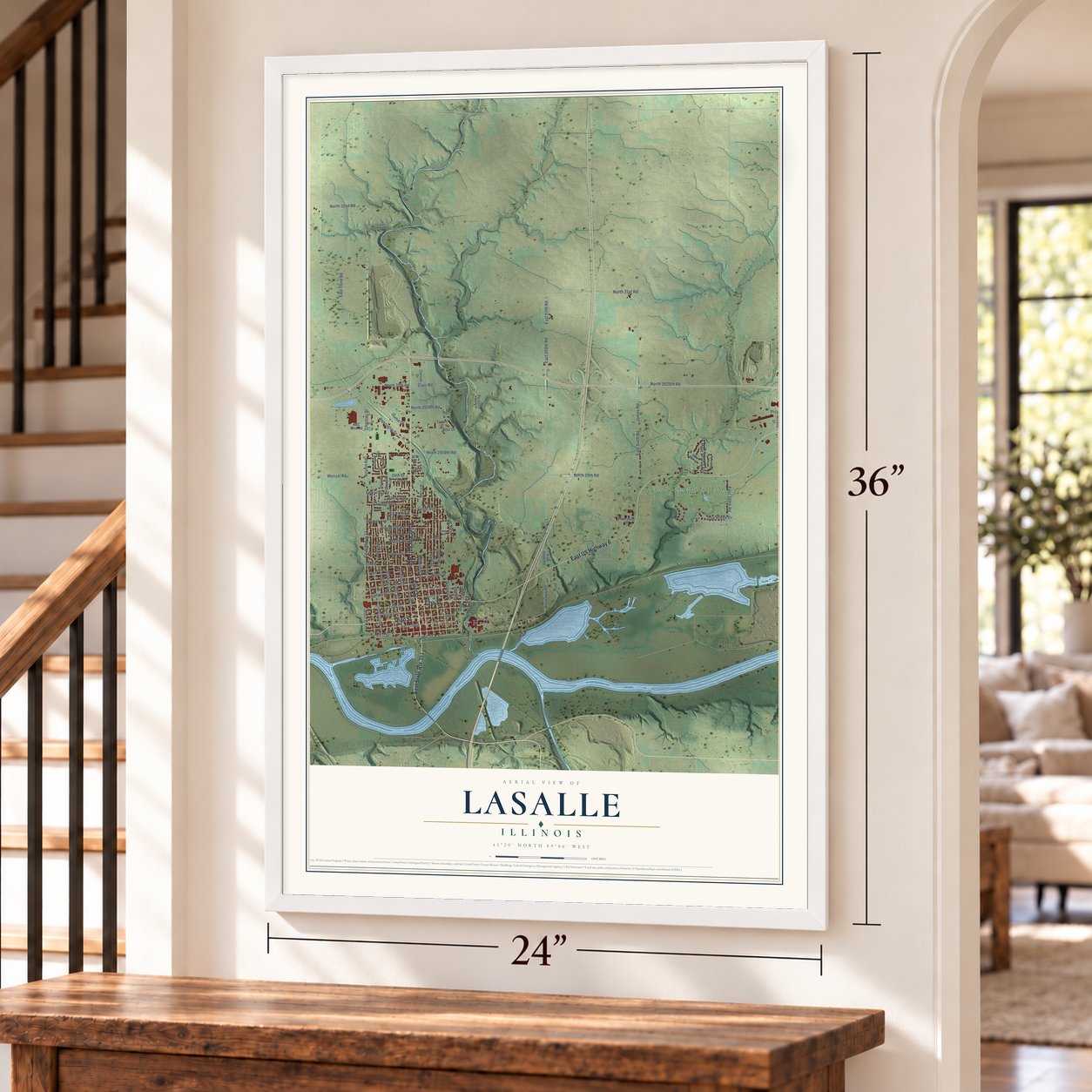LaSalle, Illinois map, 24 x 36 inch print in a white frame by a staircase