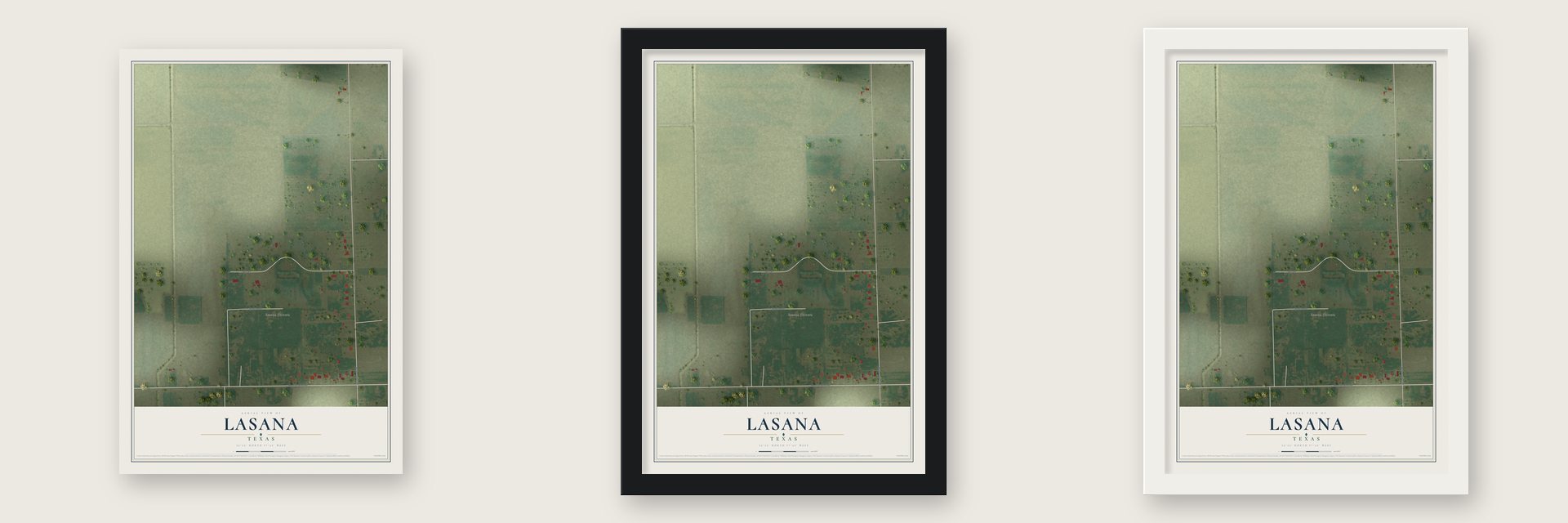 Lasana, Texas map unframed, in a black wood frame and in a white wood frame