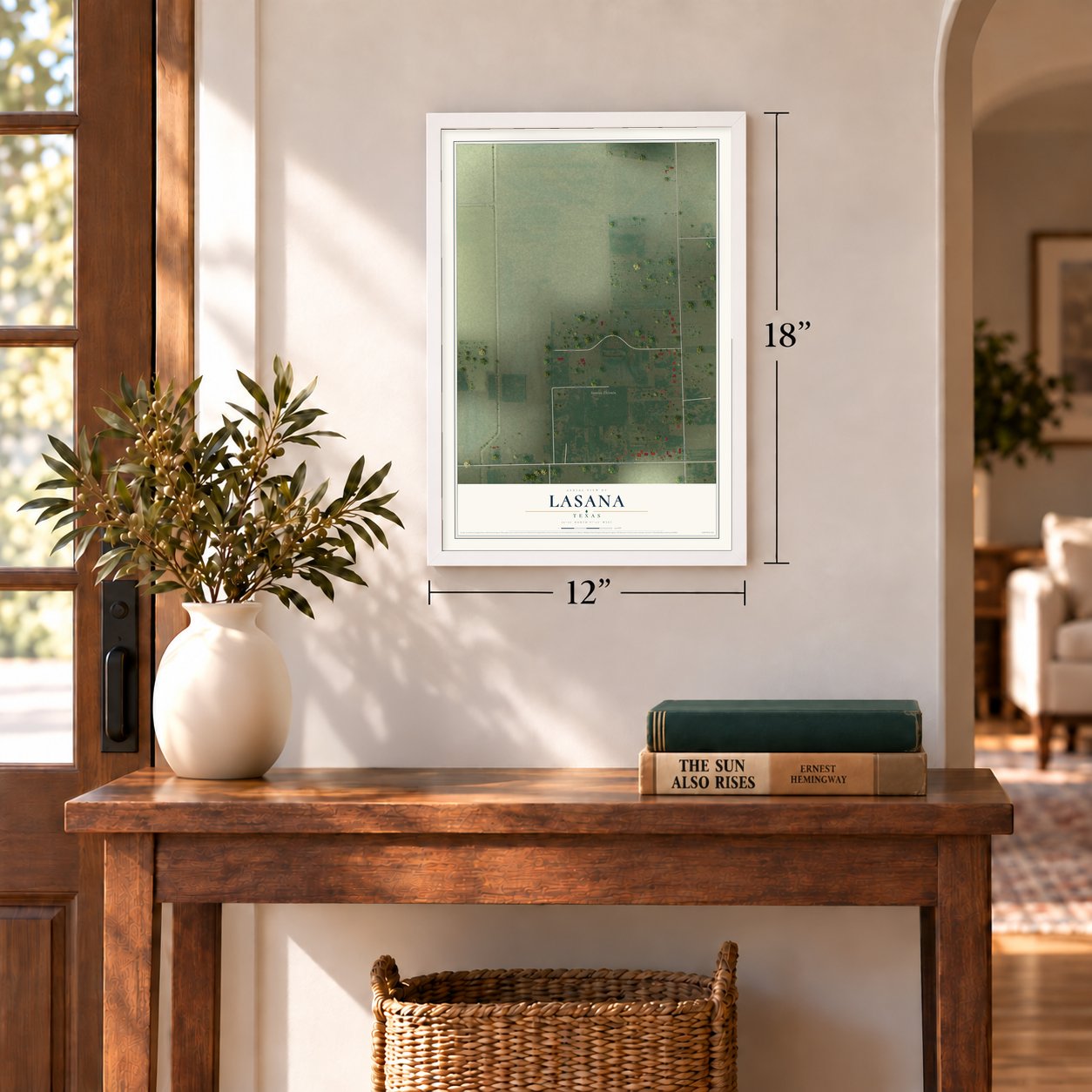 Lasana, Texas map, 12 x 18 inch print in a white frame in an entryway