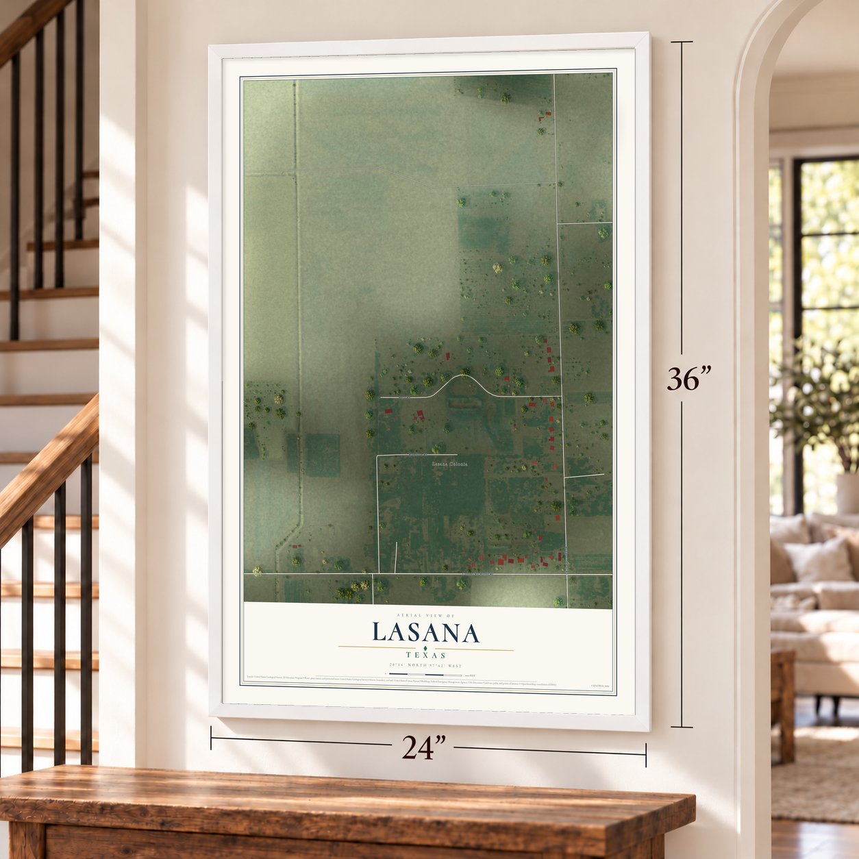 Lasana, Texas map, 24 x 36 inch print in a white frame by a staircase