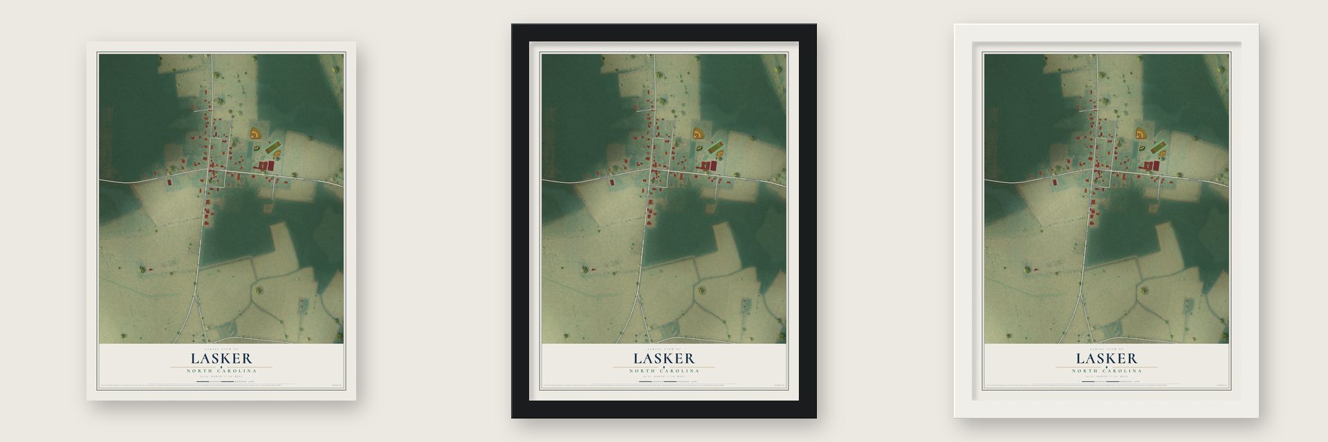 Lasker, North Carolina map unframed, in a black wood frame and in a white wood frame