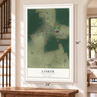 Lasker, North Carolina map, 24 x 36 inch print in a white frame by a staircase