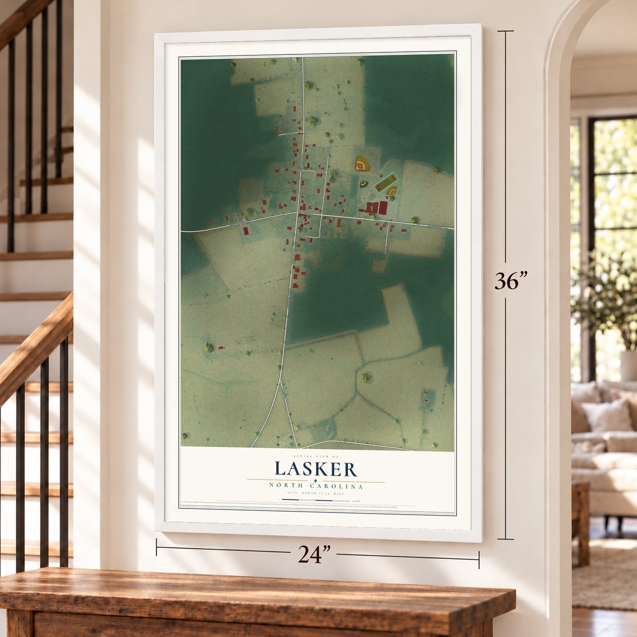 Lasker, North Carolina map, 24 x 36 inch print in a white frame by a staircase