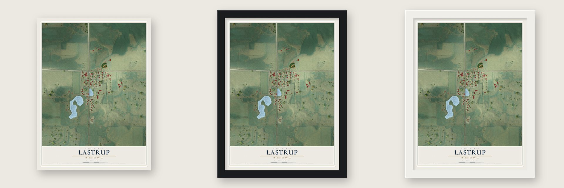 Lastrup, Minnesota map unframed, in a black wood frame and in a white wood frame