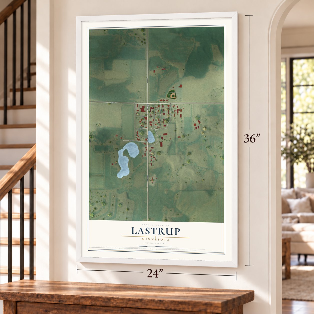 Lastrup, Minnesota map, 24 x 36 inch print in a white frame by a staircase